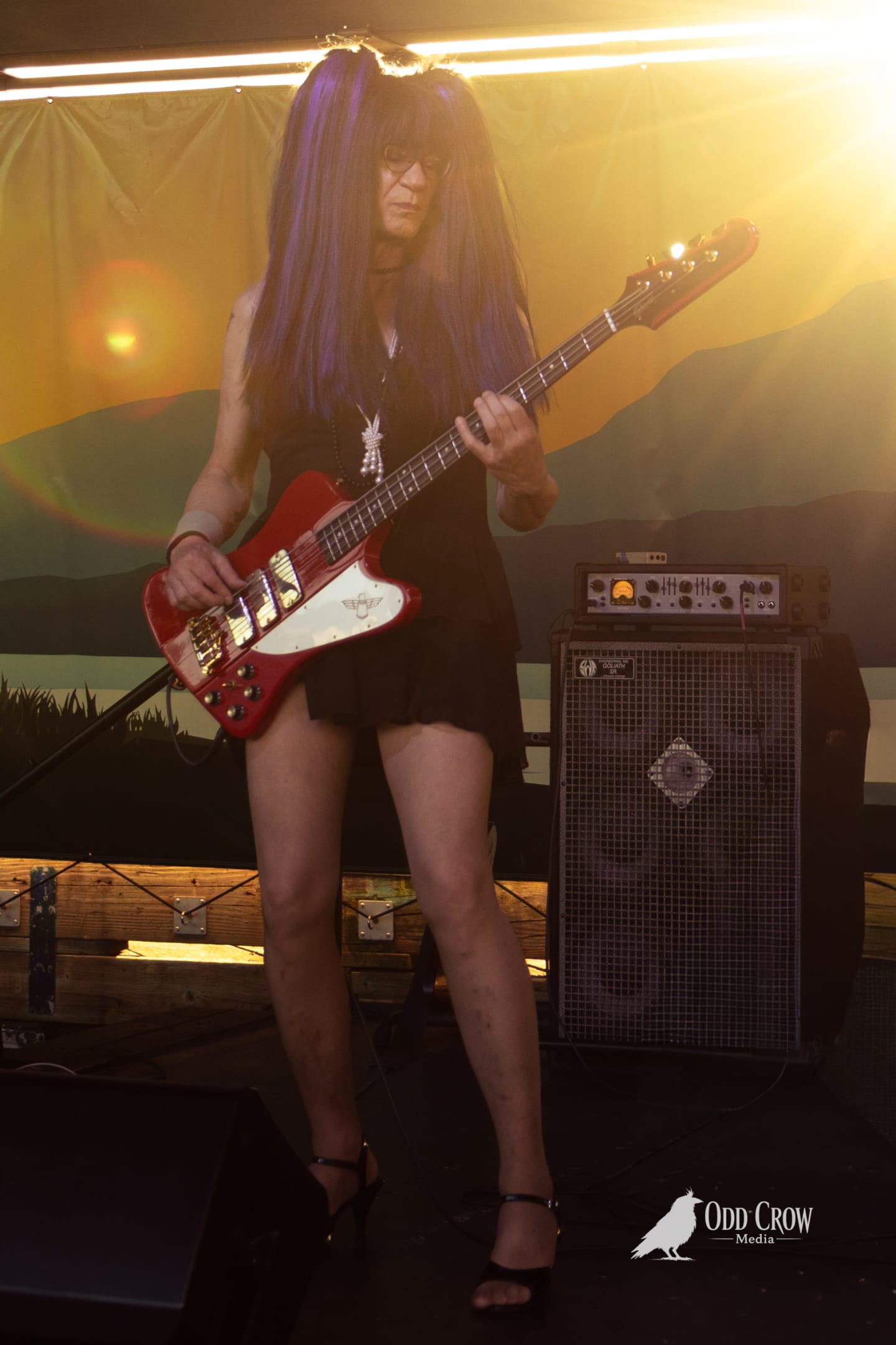 Bassist with long purple hair plays red Thunderbird bass on stage, bathed in warm golden light.
