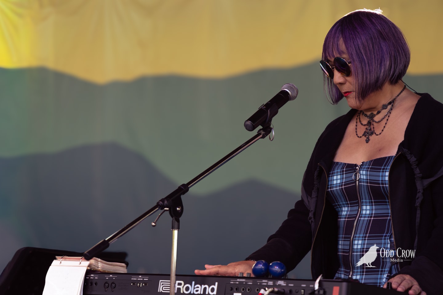 Keyboardist with purple hair and sunglasses performs on Roland keyboard at outdoor festival stage.