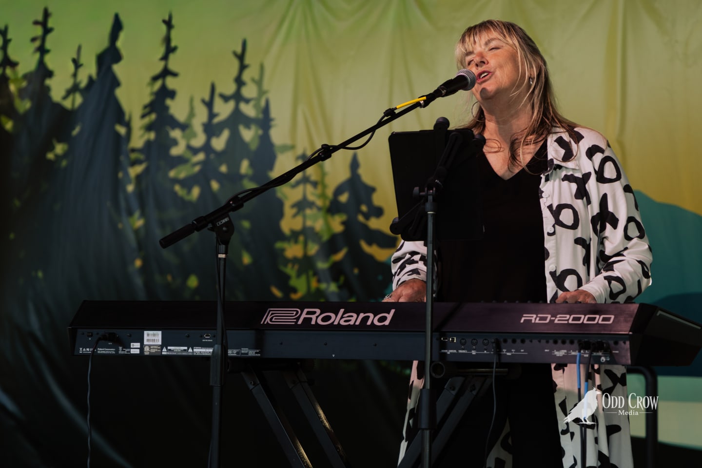 Vocalist plays Roland RD-2000 keyboard on stage before a painted forest backdrop at Arts in Action.