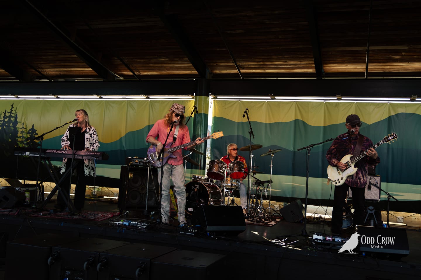 Four-piece band performs on covered outdoor stage with mountain mural backdrop at Arts in Action festival.