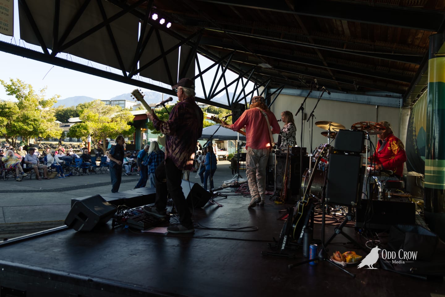 Sound Advice band performs on an outdoor covered stage at Arts in Action, facing an afternoon crowd.