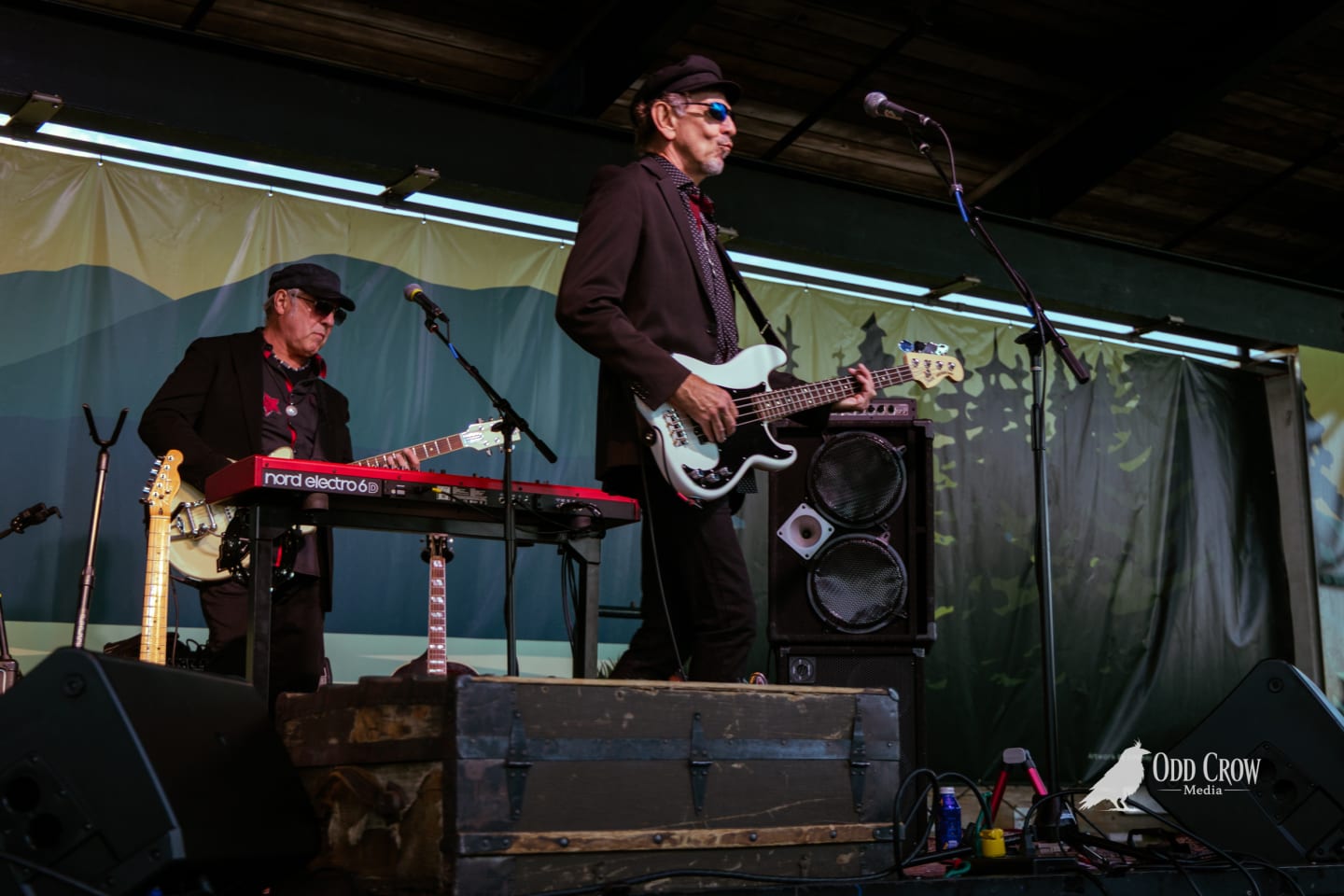 Petty Fever bassist in black cap and dotted shirt playing white Precision bass, Nord Electro 6D keyboard visible to his left