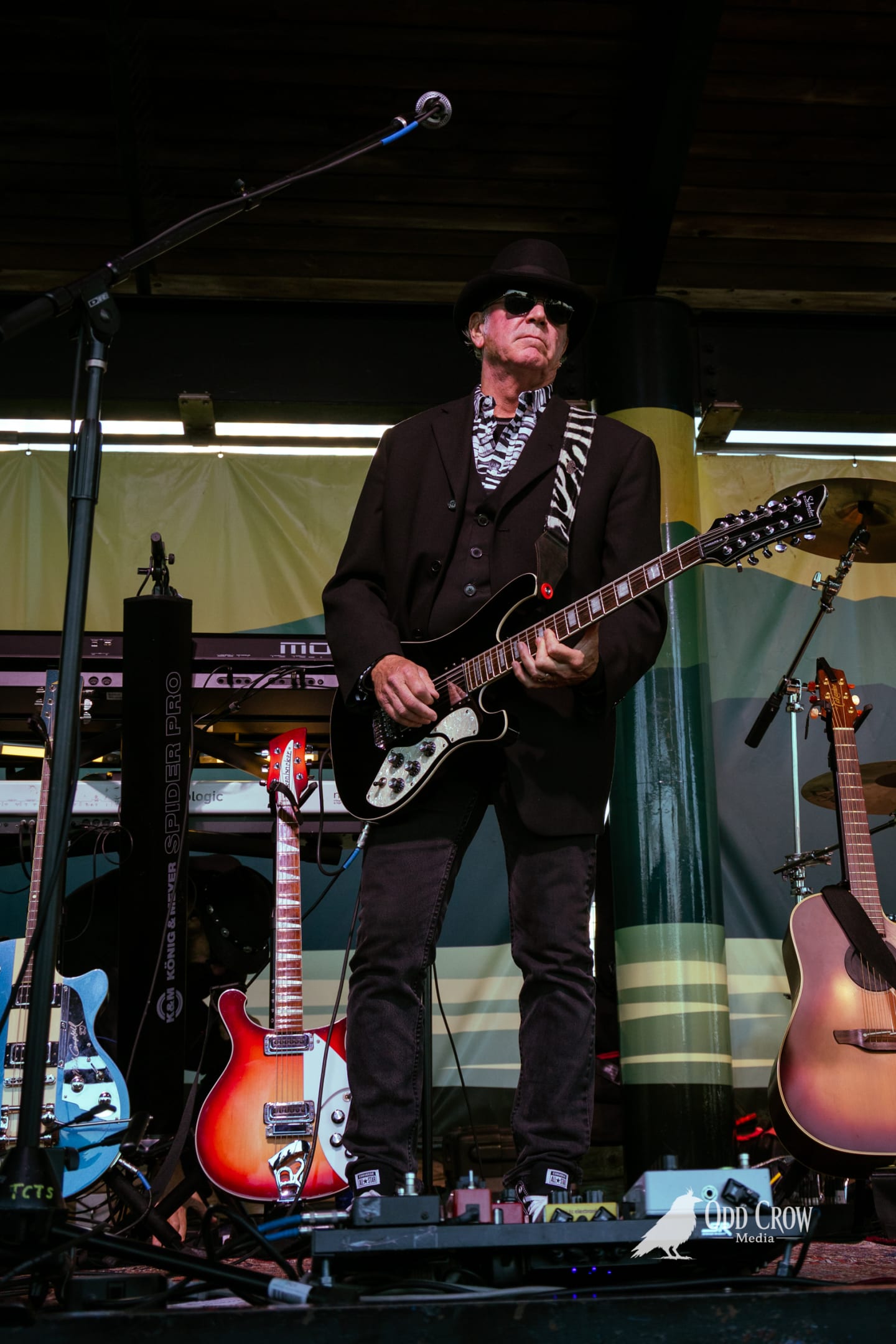 Petty Fever keyboardist and bassist on stage together, bassist standing tall with white bass guitar, Nord keyboard in red visible stage left