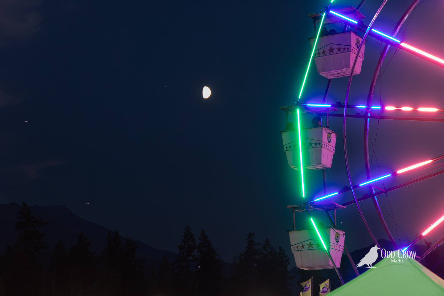 Close crop of the Clallam County Fair Ferris wheel at night with neon green, blue, and pink lights against a near-black sky, stars faintly visible