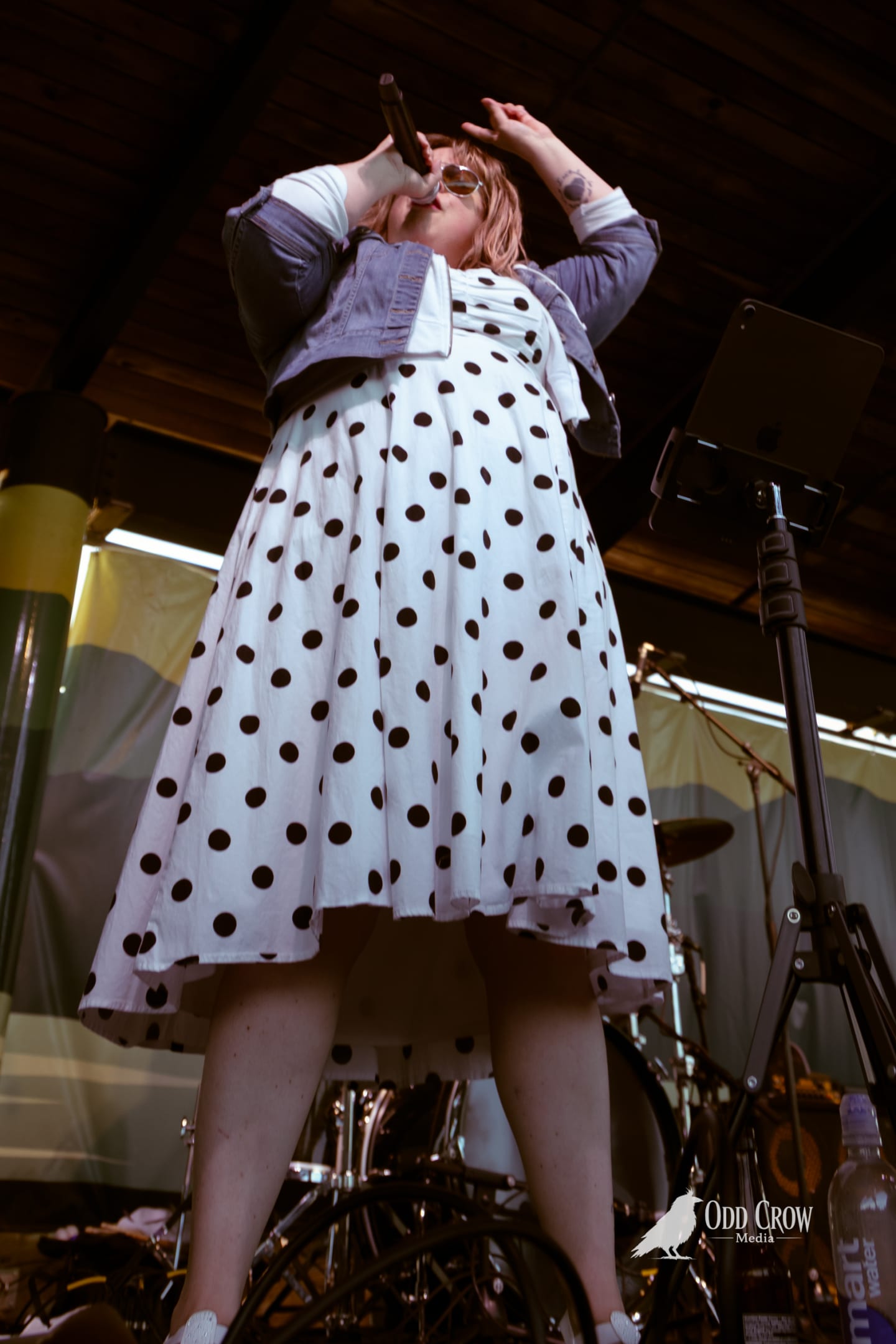 Singer in polka-dot dress performs with microphone on outdoor stage at pier festival.