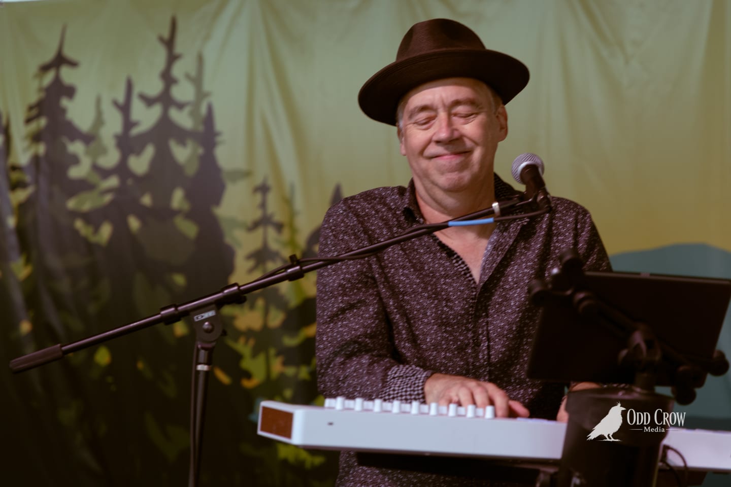 Keyboardist in a dark fedora smiles while playing at an outdoor summer concert stage.