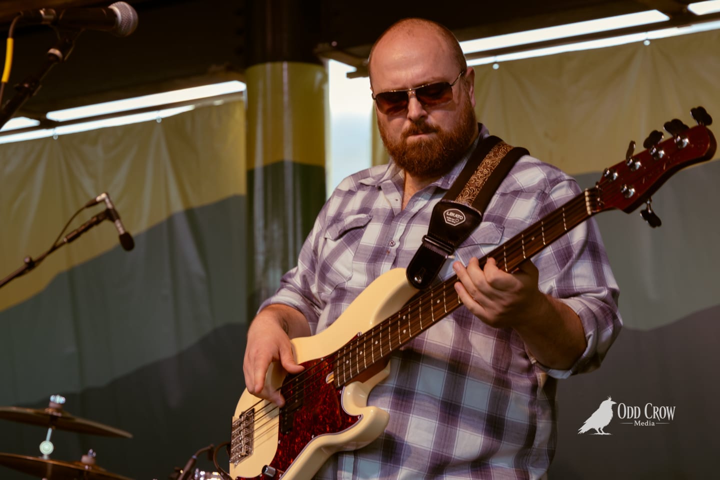 Bearded guitarist in plaid shirt and sunglasses playing electric guitar on an outdoor stage.