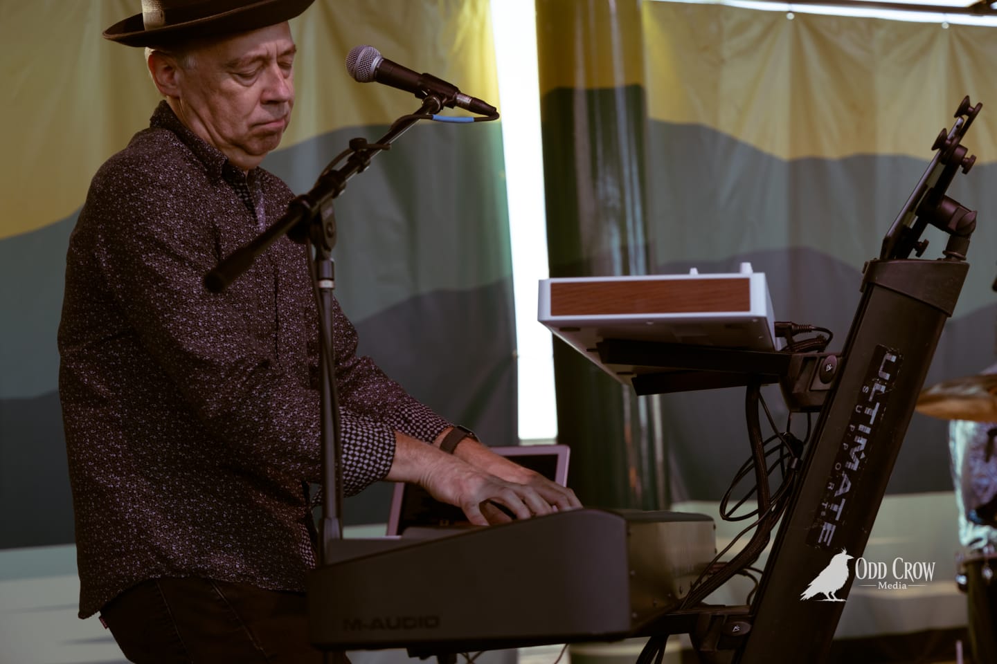 Keyboardist in a wide-brim hat plays an M-Audio keyboard on an outdoor stage at a summer festival.