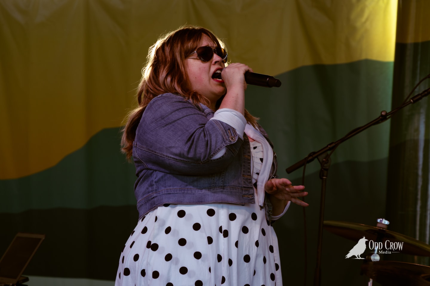 Female singer performing outdoors on stage, holding microphone, wearing polka dot dress and denim jacket.