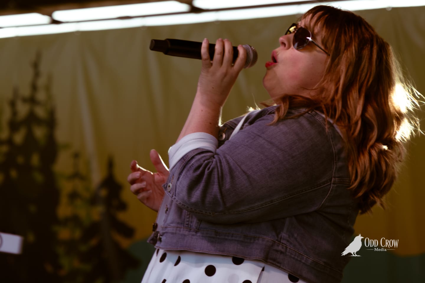 Female vocalist performing on outdoor stage, singing into microphone, wearing denim jacket and sunglasses.