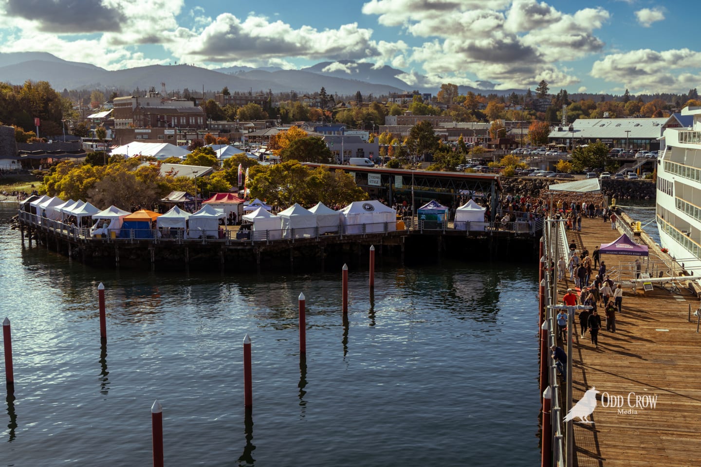 Aerial view of the Port Angeles waterfront during the Dungeness Crab Festival, white vendor tents lining the pier with the mountains and fall foliage behind