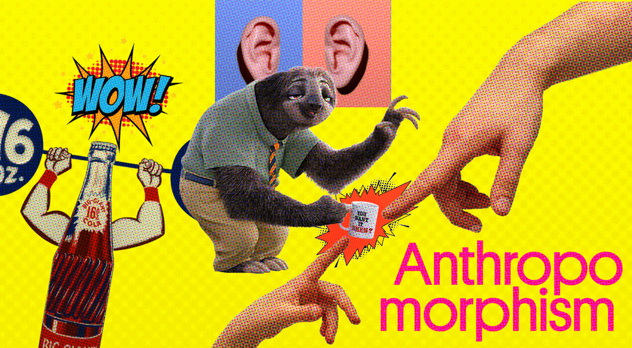 A split-screen image showing a brand mascot interacting with consumers, symbolizing the emotional connection anthropomorphism fosters.
