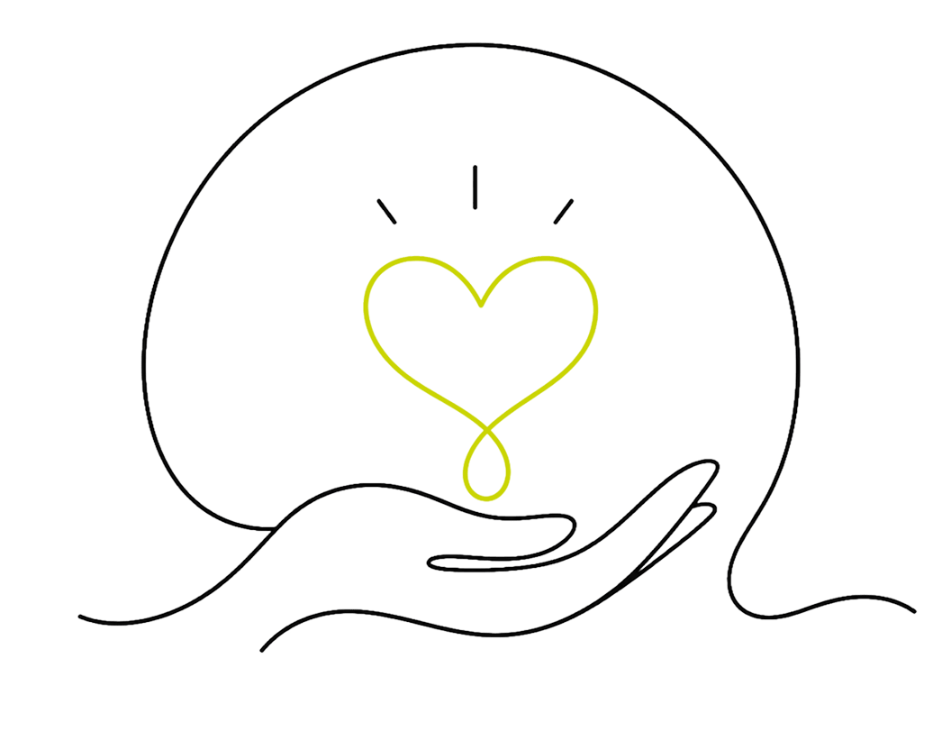 Minimal line art of an open palm holding a glowing yellow heart-shaped light bulb.