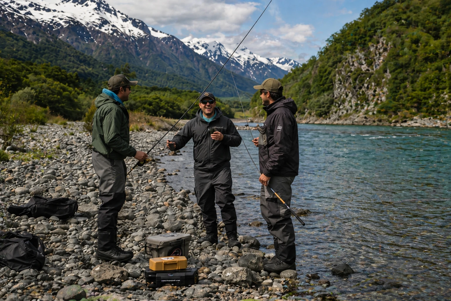 Amigos pescando chinook en la orilla de un río de Aysén