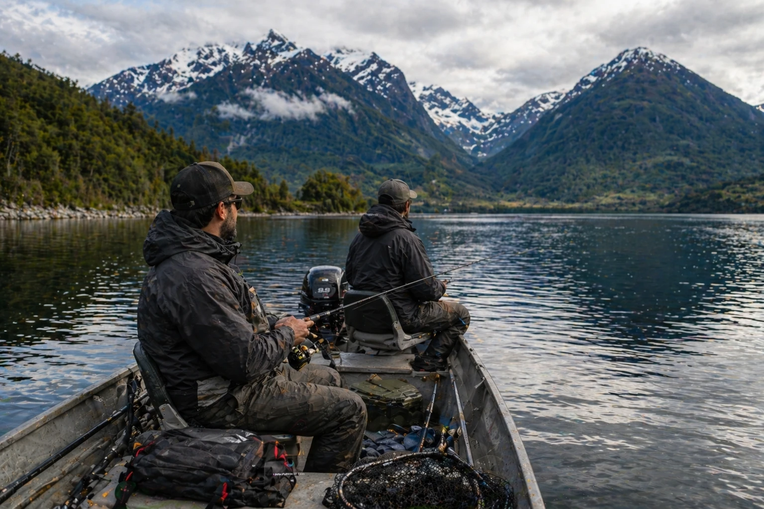 Pescadores en bote en un lago de Aysén rodeado de montañas