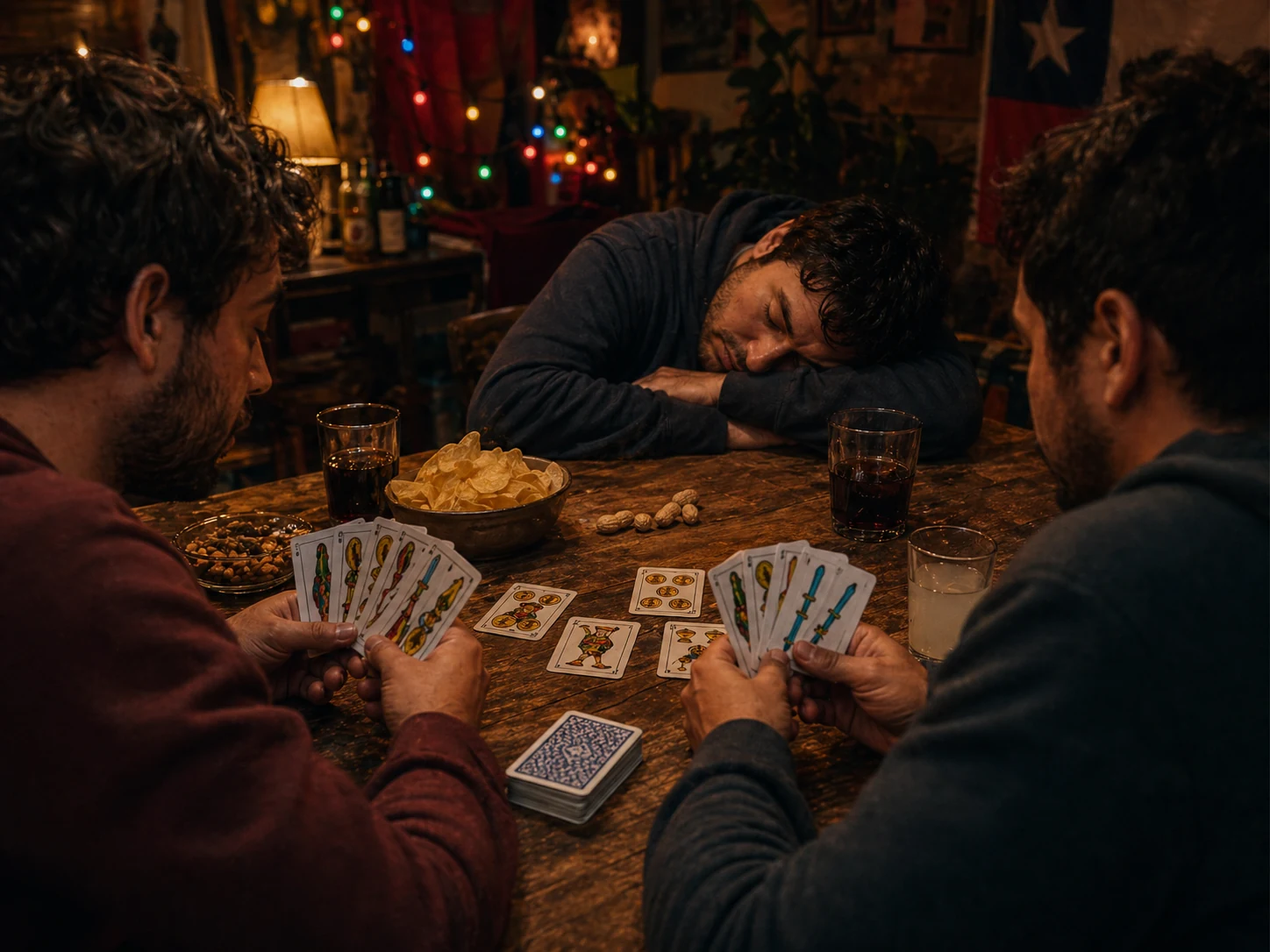 Cartas españolas sobre una mesa de truco durante una noche de amigos en Chile.
