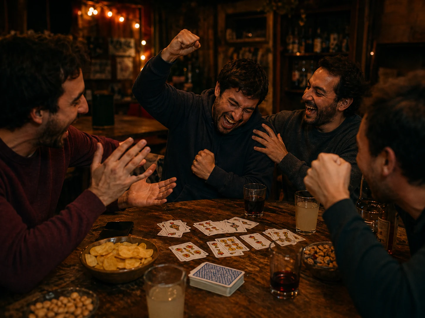 Amigos celebrando una partida de truco ganada de forma inesperada.