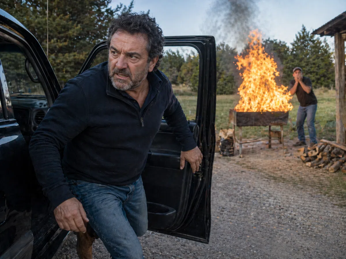 José Luis bajándose enojado del auto mientras al fondo el Fa mira asustado una parrilla con fuego enorme