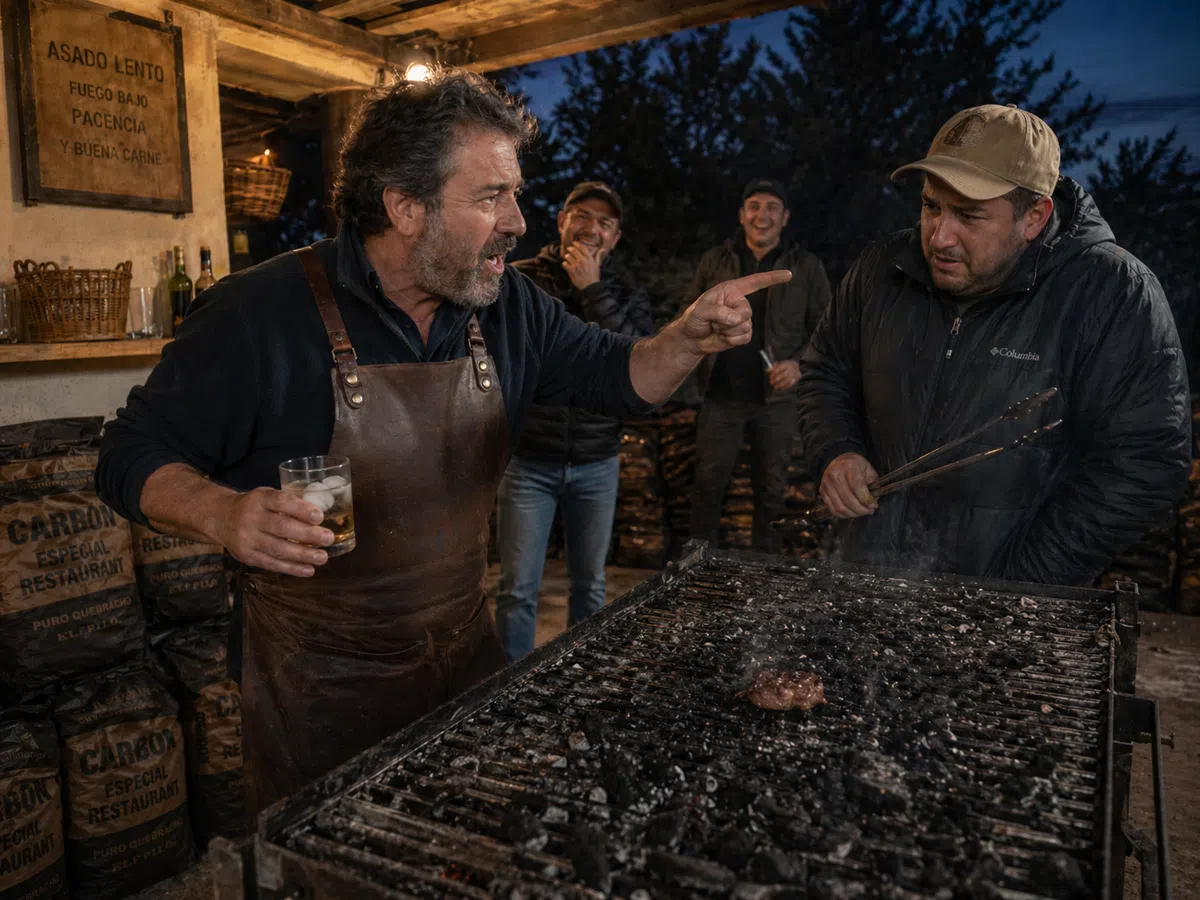 José Luis retando al Fa junto a la parrilla mientras los amigos se ríen al fondo