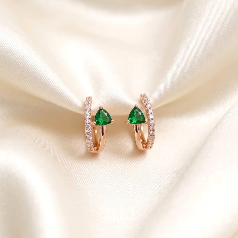Green Triangle Gemstone Rose Gold Hoop Earrings
