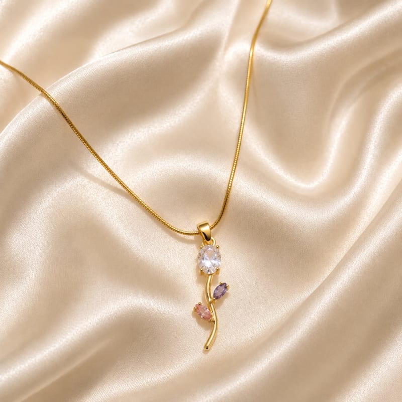 Elegant Gold Crystal Vine Tulip Pendant Necklace