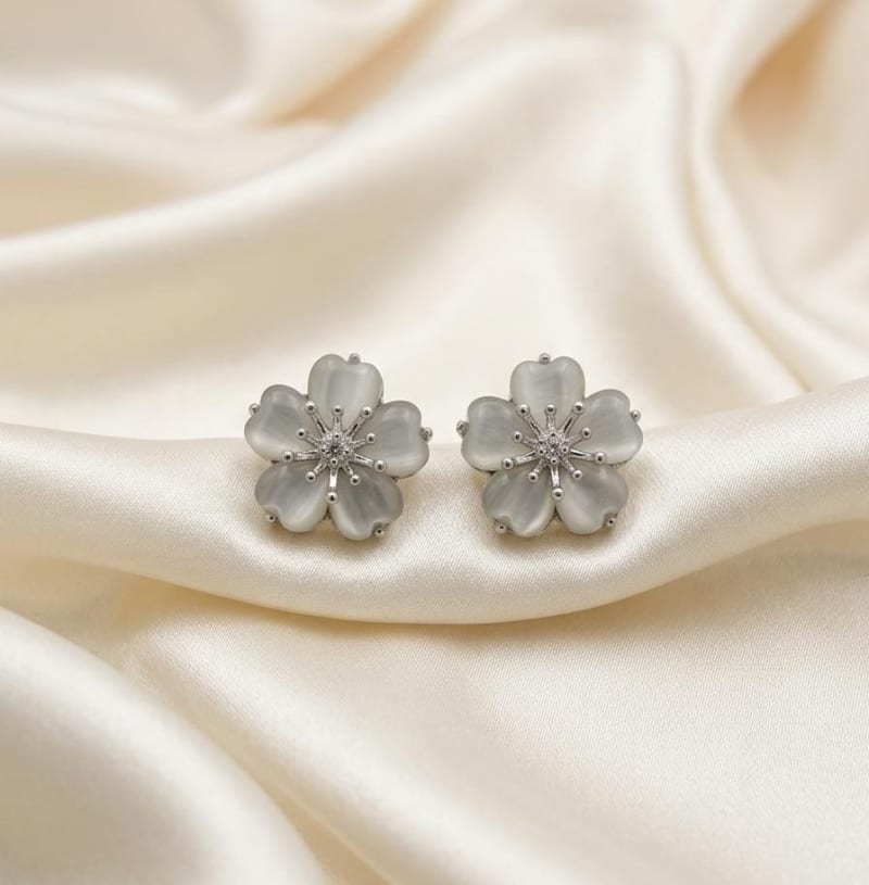 Elegant Grey Floral Stud Earrings