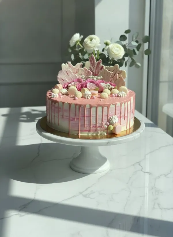 Pink drip birthday cake with macarons
