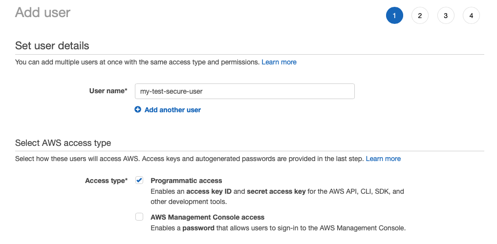 Creating new IAM user - access type