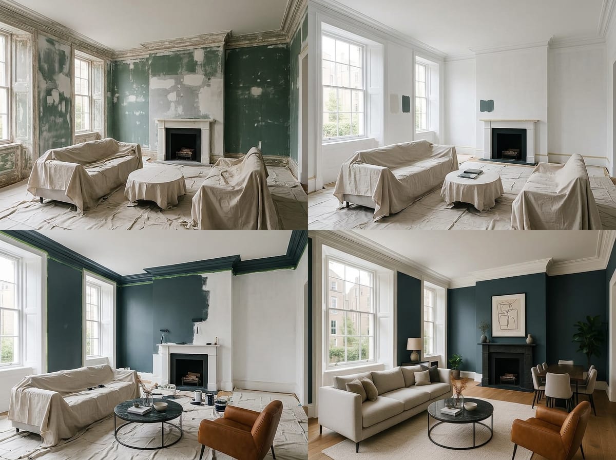 Before: the same room mid-prep, with dust sheets and surfaces prepared by Rushton Painting and Decorating Glossop