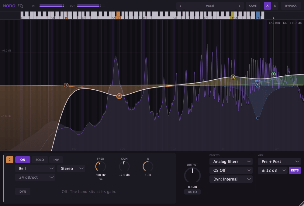 Interfaz del plugin NODO EQ con el piano roll activado