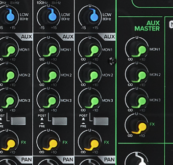 Potencionmetros auxiliares de una mesa de mezclas mackie pro fx22v3