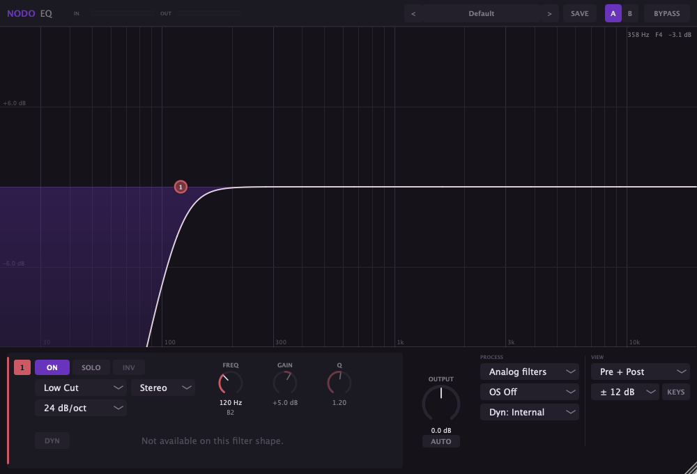 High-pass filter (HPF) in the Nodo EQ parametric equaliser