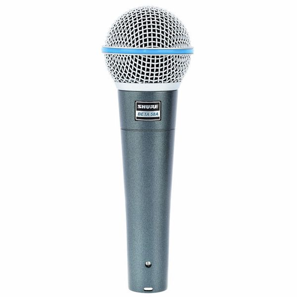 Image of the Shure Beta 58A handheld dynamic microphone, with a spherical grille and elongated body.