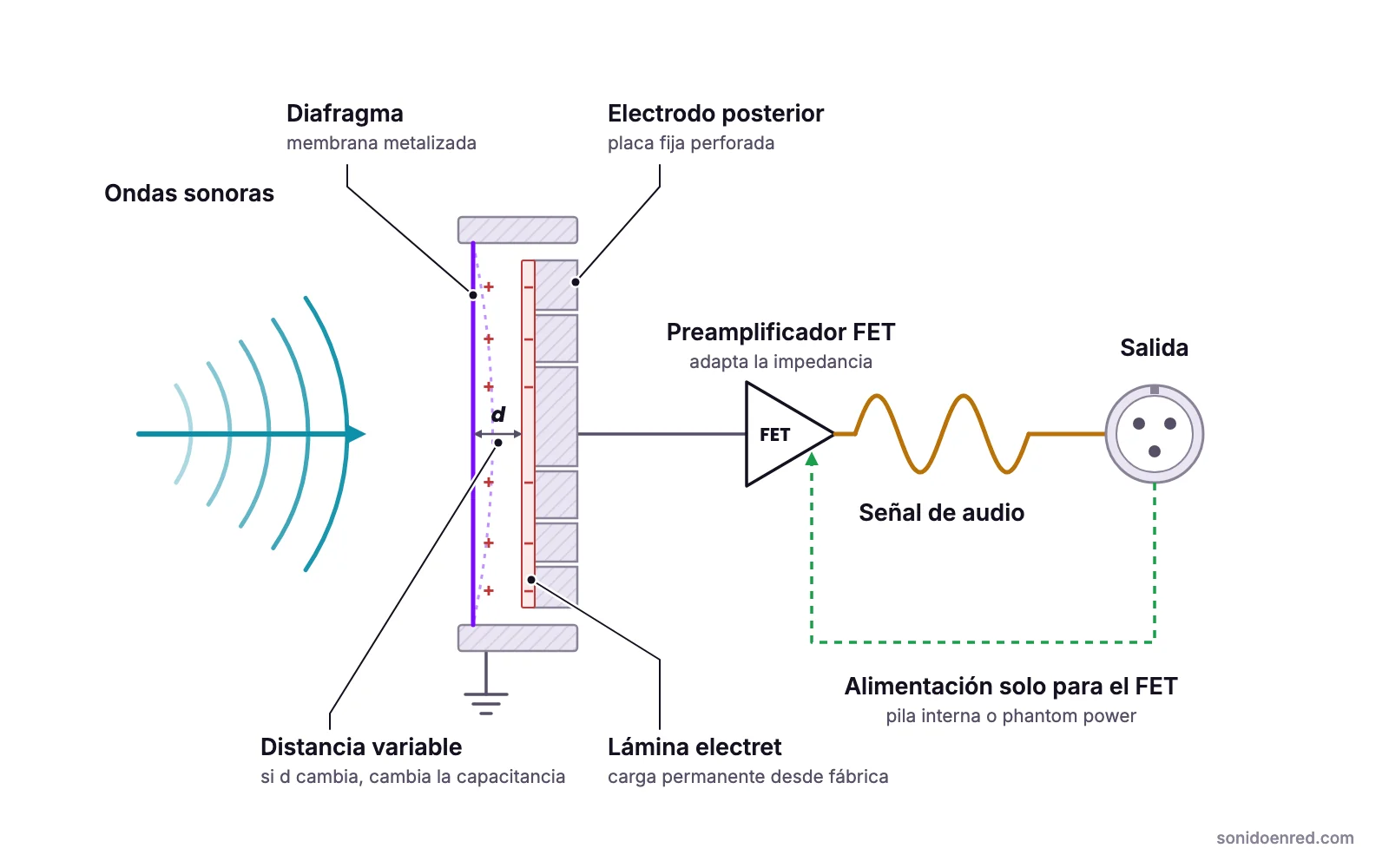 Diagrama de un micrófono electret: una lámina electret con carga permanente, situada sobre el electrodo posterior, sustituye a la tensión de polarización externa; el sonido mueve el diafragma, cambia la capacitancia y un preamplificador FET, alimentado por pila o phantom power, entrega la señal de audio.