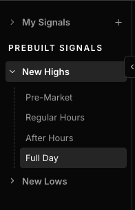 Scanz Signals sidebar showing My Signals and Prebuilt Signals sections