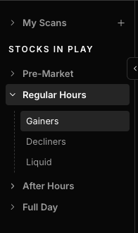 Scanz scanner sidebar with My Scans and Stocks in Play scan groups visible