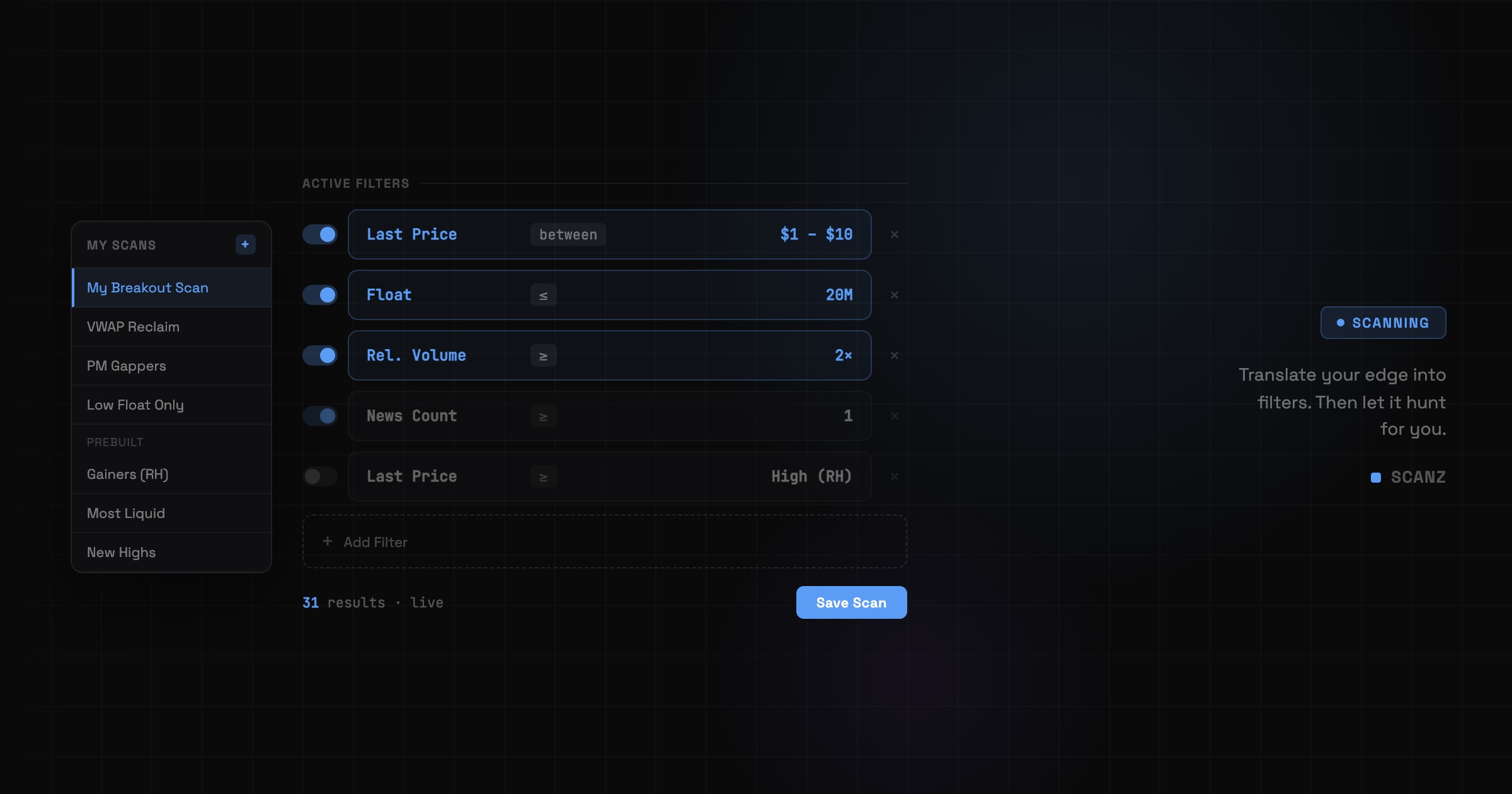 Scanz filter builder showing a custom scan setup with saved scans sidebar