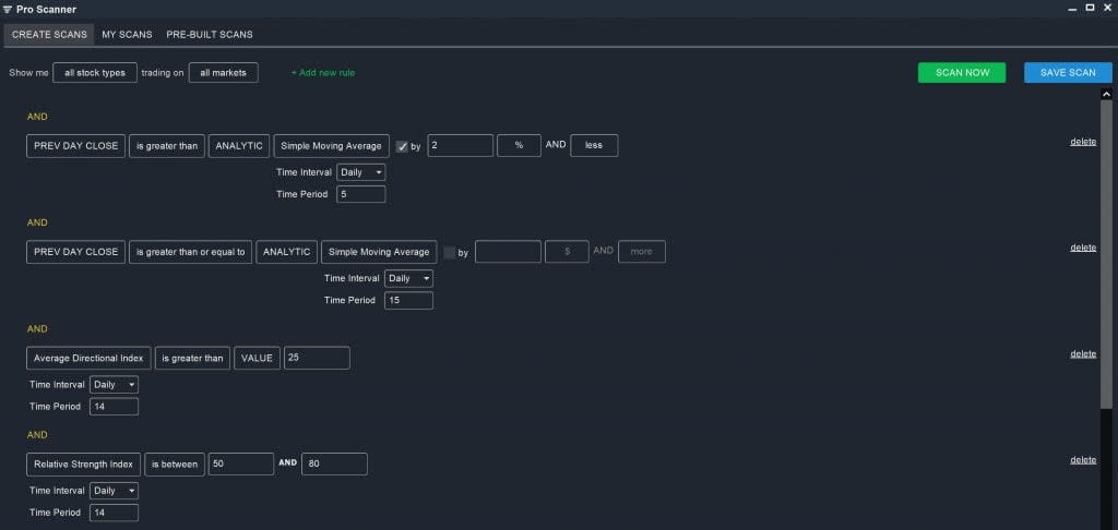 Stock scanning interface and filter settings