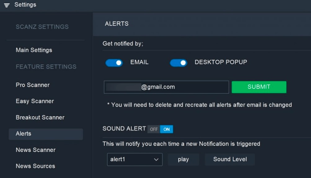 Stock scanning interface and filter settings