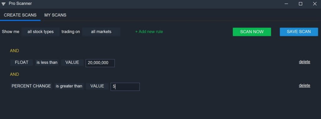 Scanz - Low Float - Percent Change Scan
