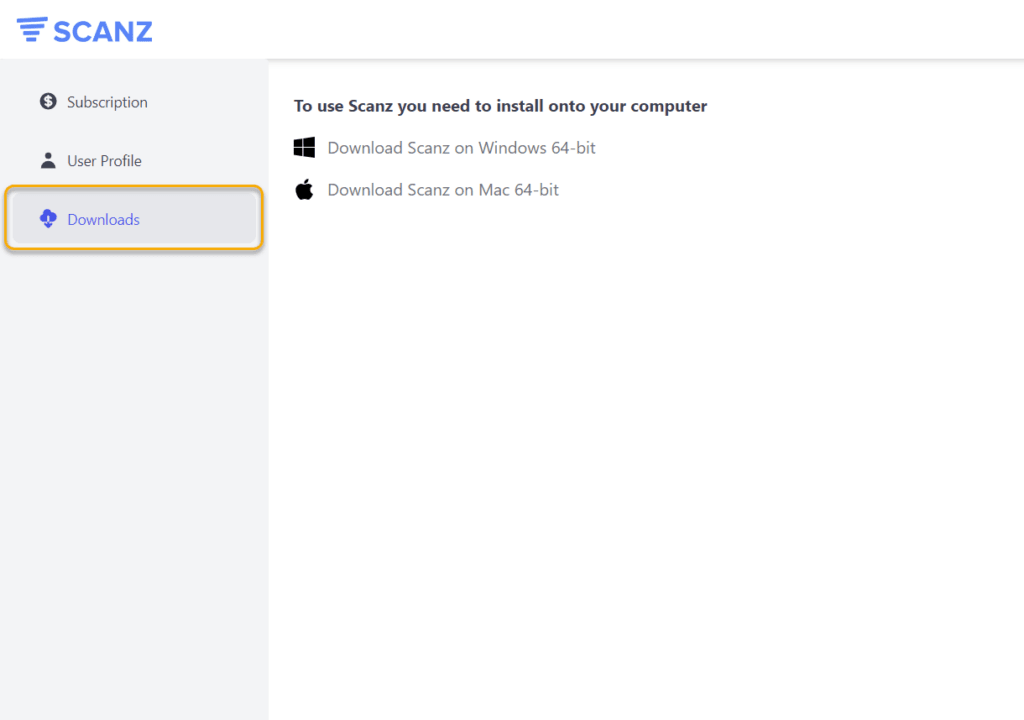 Scanz account portal showing Downloads section with Windows and Mac installer options