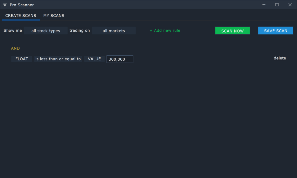 Scanz scanner interface showing stock screening results