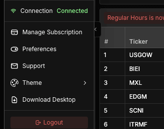 Scanz app menu showing subscription, preferences, support, theme, desktop download, and logout options
