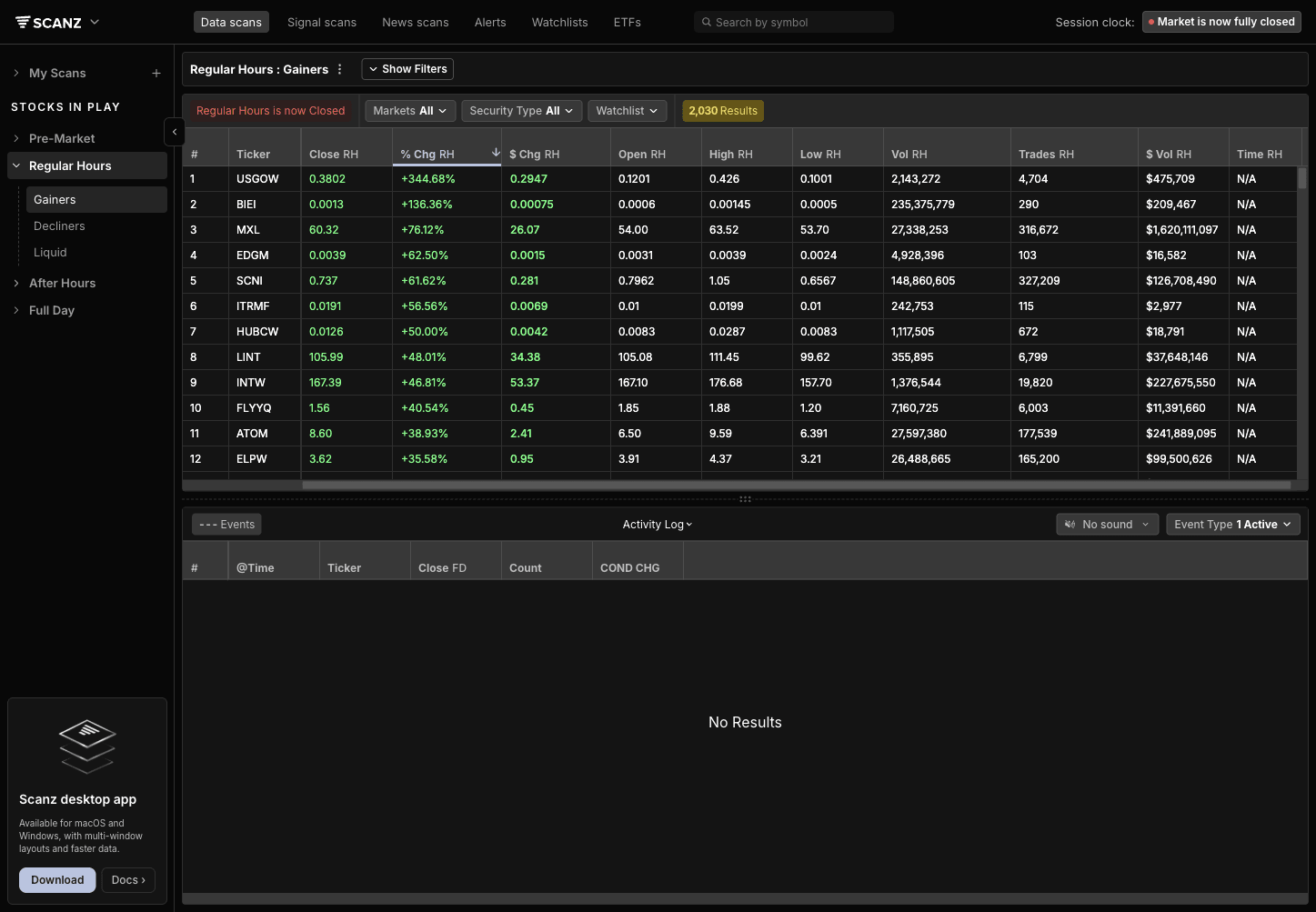Scanz web interface showing the scanner workspace, left sidebar, top navigation, results table, and activity log