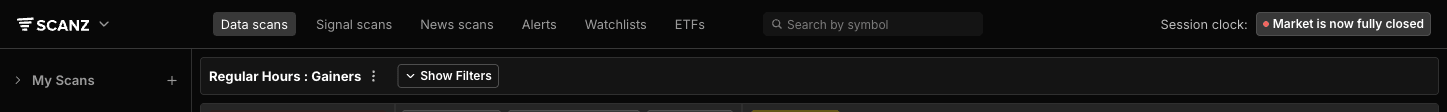 Scanz top navigation bar with Data scans, Signal scans, News scans, Alerts, Watchlists, ETFs, symbol search, and session clock
