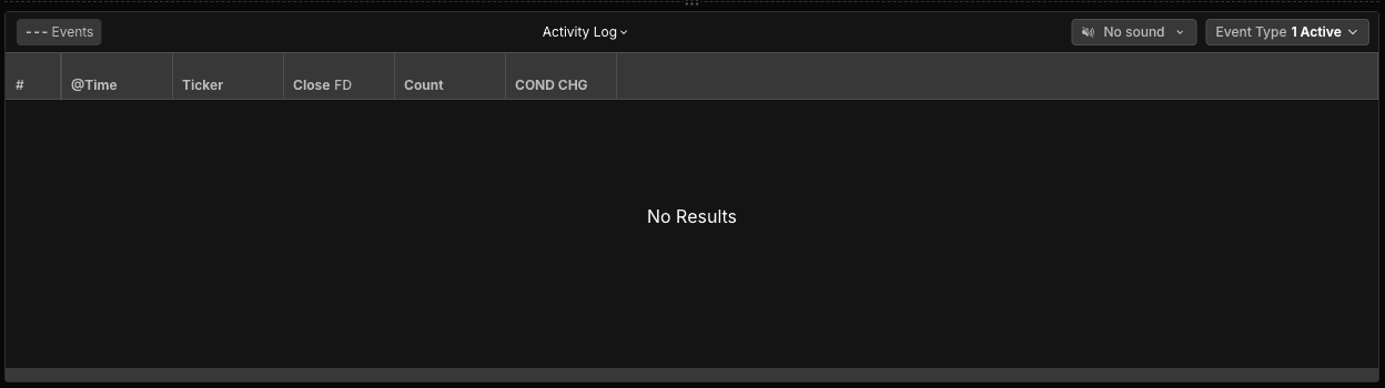 Scanz bottom bar showing Events, Activity Log, sound settings, and event type filter