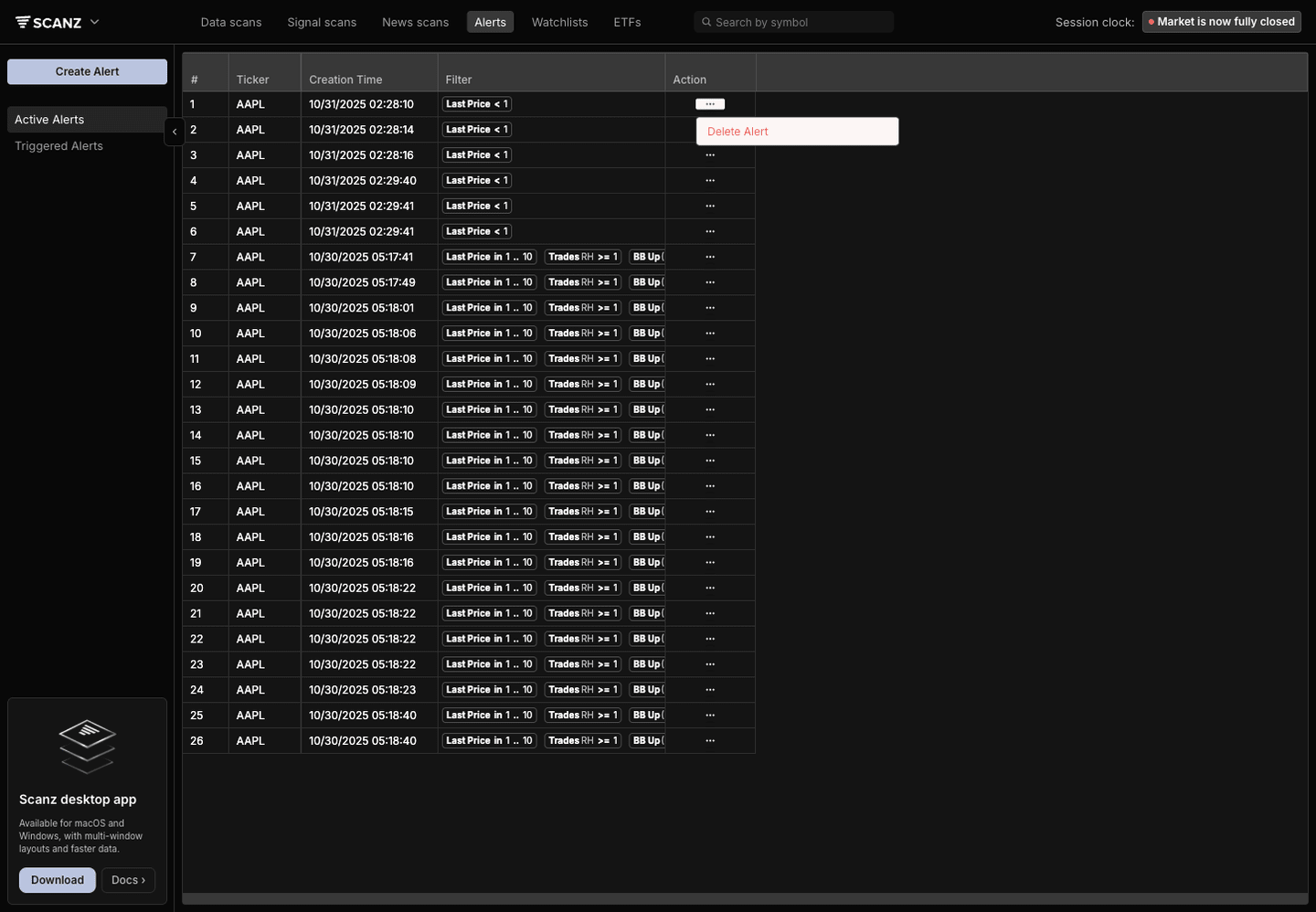Scanz Alerts row action menu opened from an active alert