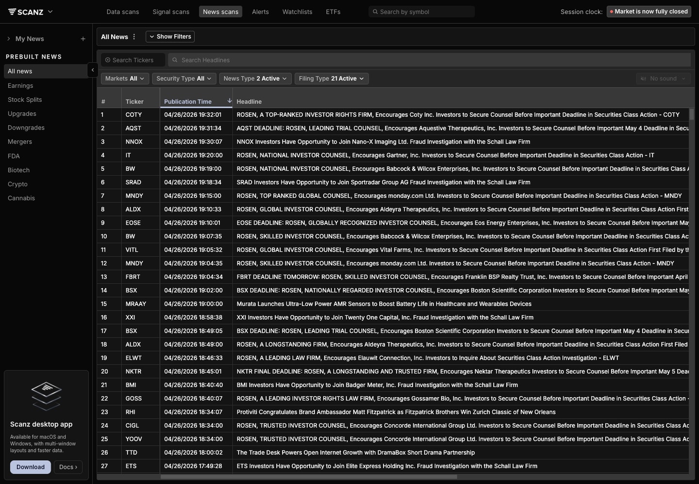 Scanz News workspace with the sidebar, filter toolbar, and populated headline table