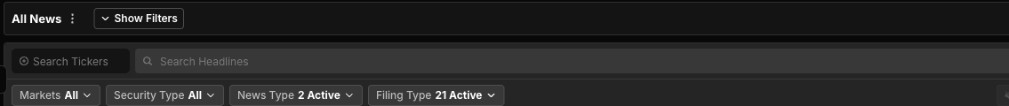 Scanz News toolbar with ticker search, headline search, market filters, news type, filing type, and sound controls