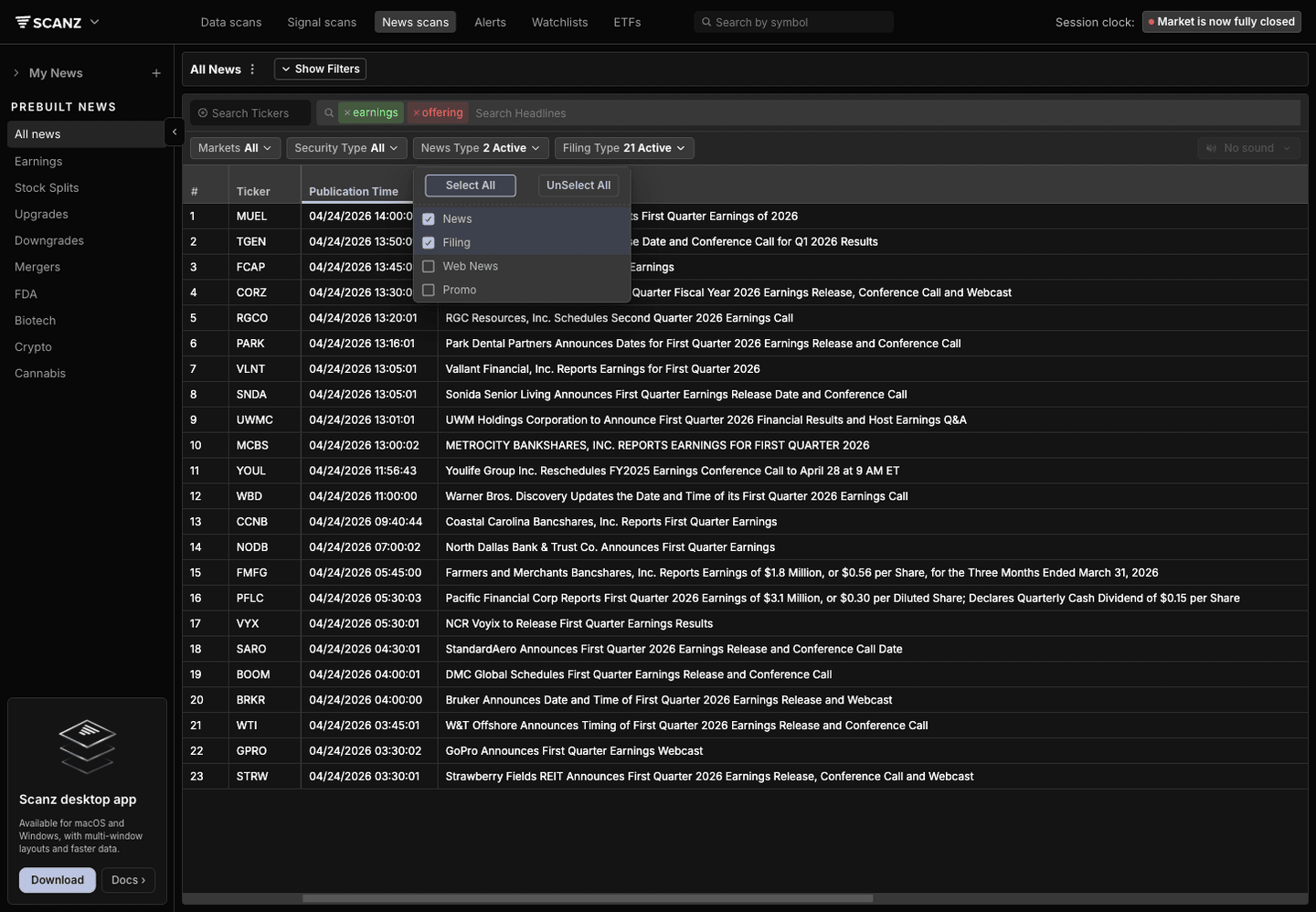 Scanz News Type dropdown expanded with News, Filing, Web News, and Promo options